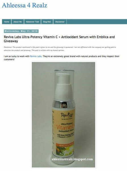 Ahleessa 4 Realz found that her skin &quotloves Reviva's Ultra-Potency Vitamin C+ Antioxidant Serum