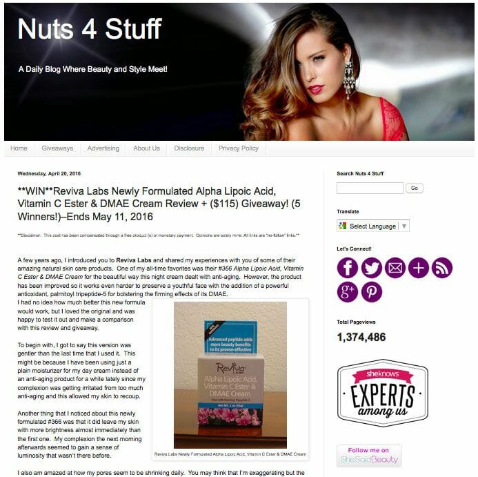 Nuts 4 Stuff Impressed with Reviva's Improved Alpha Lipoic Acid, Vitamin C Ester & DMAE Cream