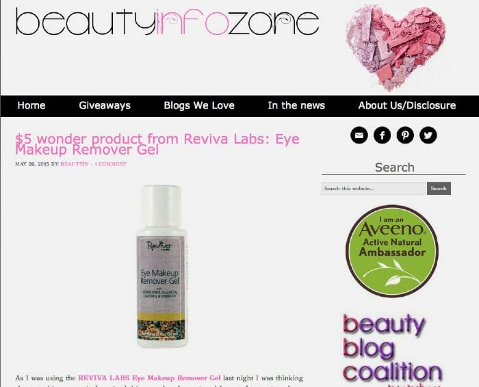 BeautyInfoZone review declares Reviva's Eye Makeup Remover Gel a Wonder!