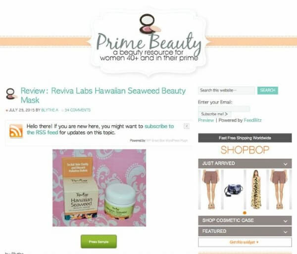 Blythe at Prime Beauty Blog found Reviva's Hawaiian Seaweed Beauty Mask a great fit for her dry sensitive skin