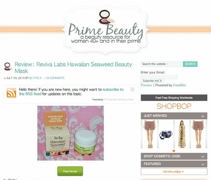 Blythe at Prime Beauty Blog found Reviva's Hawaiian Seaweed Beauty Mask a great fit for her dry sensitive skin