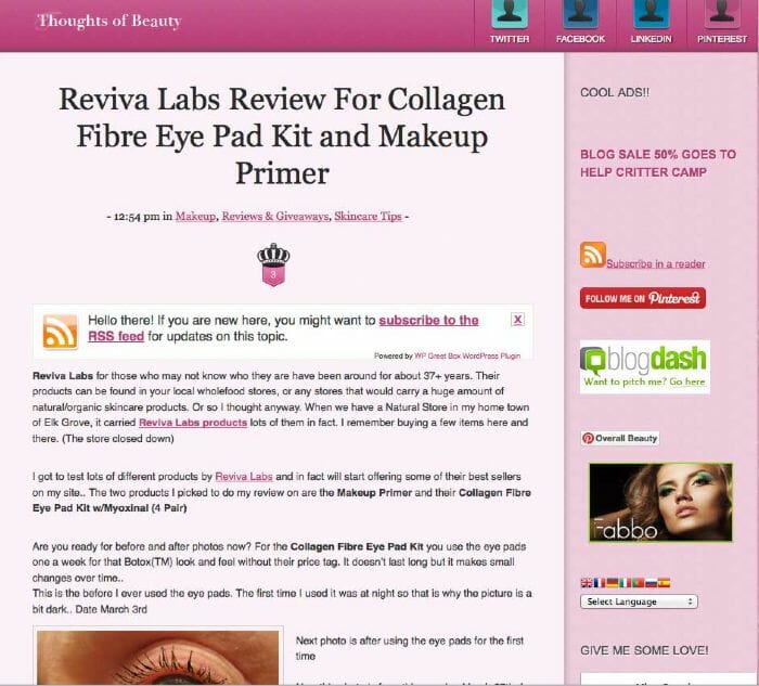 Reviva Labs Review For Collagen Fibre Eye Pad Kit (#590) and Makeup Primer (#202): Overall Beauty