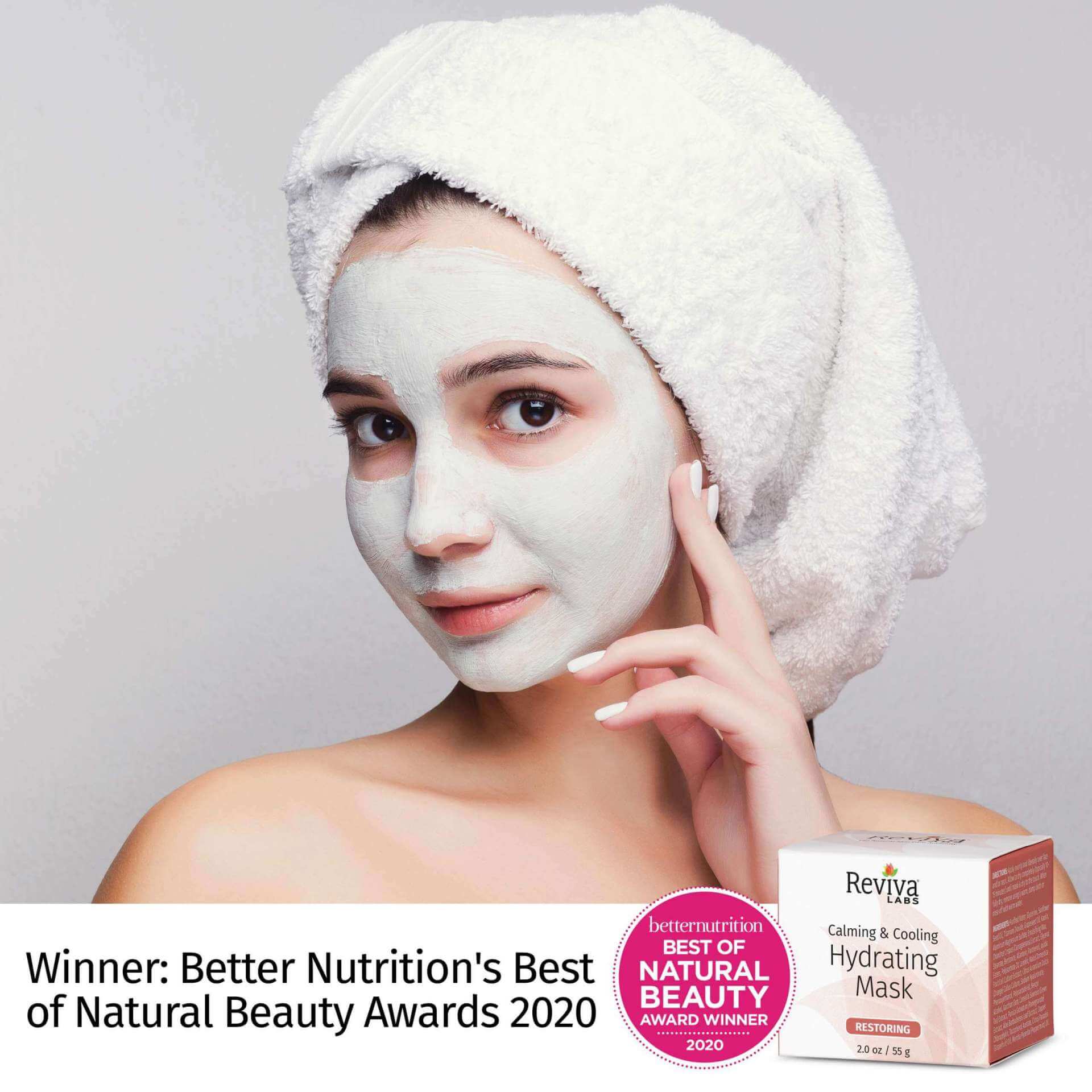 Reviva Labs' Calming & Cooling Hydrating Mask wins Better Nutrition's Best of Natural Beauty Awards 2020 - image of girl with mask on