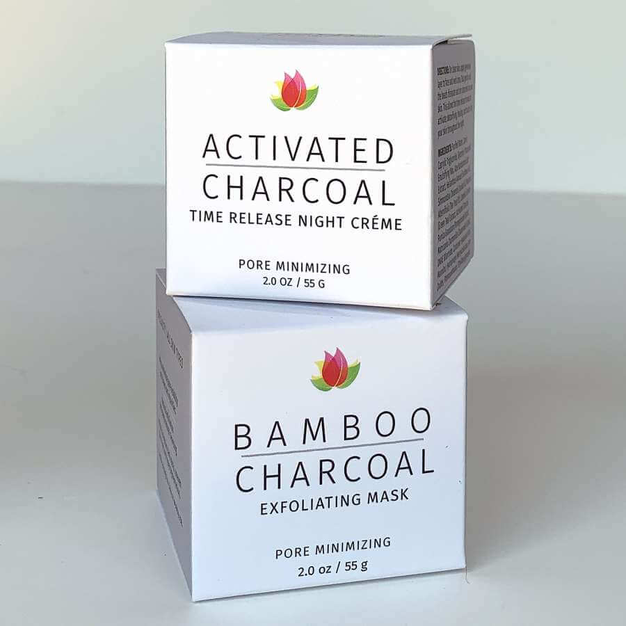 stacked charcoal night creme box and charcoal mask box