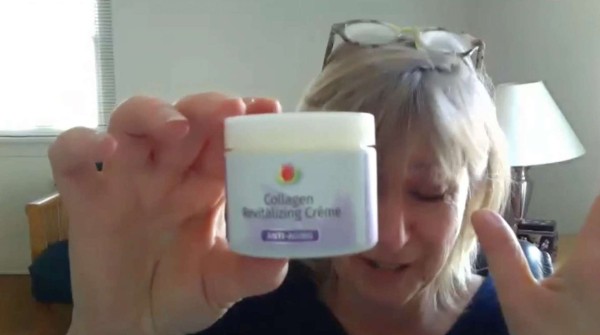 Nancy showing off Collagen Revitalizing Creme during Zoom Demo #3