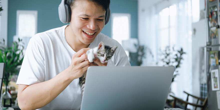 young man holding up kitten in video chat