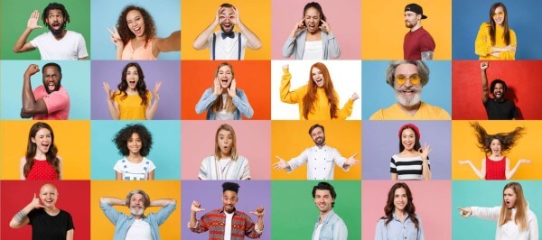 Happy people on colored blocks