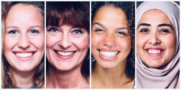 four females of different ethnicities and ages and skin types