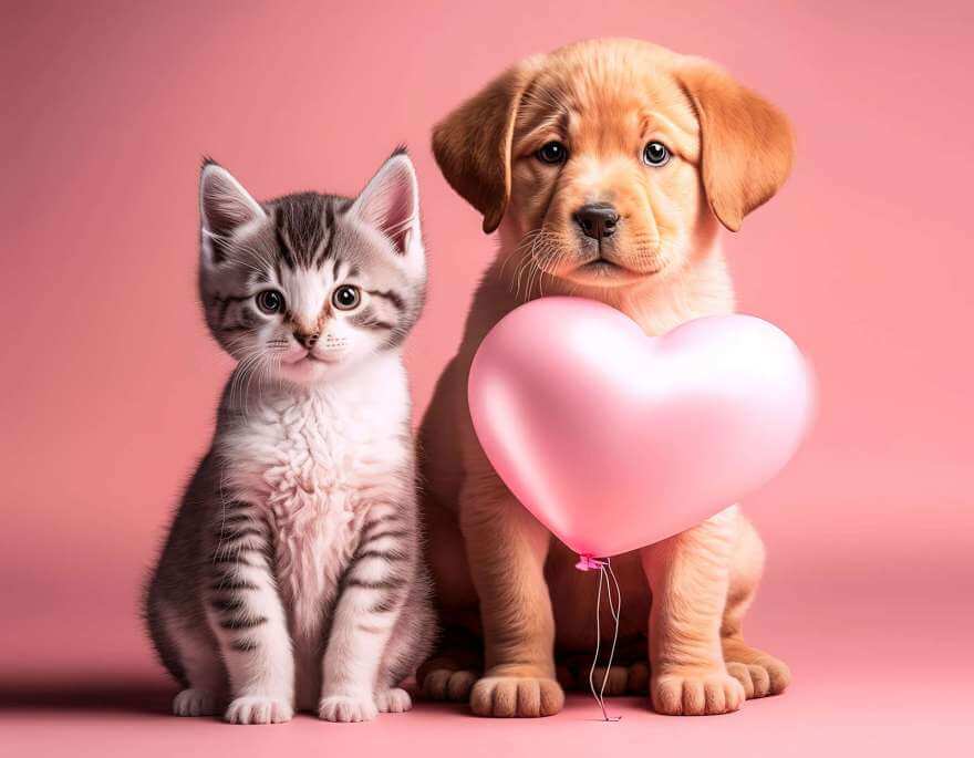 Kitten and puppy with balloon heart