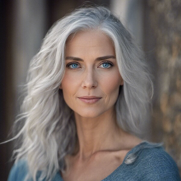 beautiful older woman with long silky gray hair