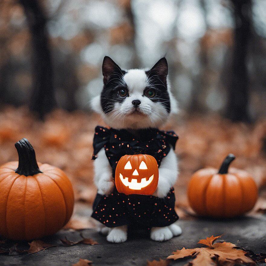 adorable cat holding jackolatern in pumpkin patch