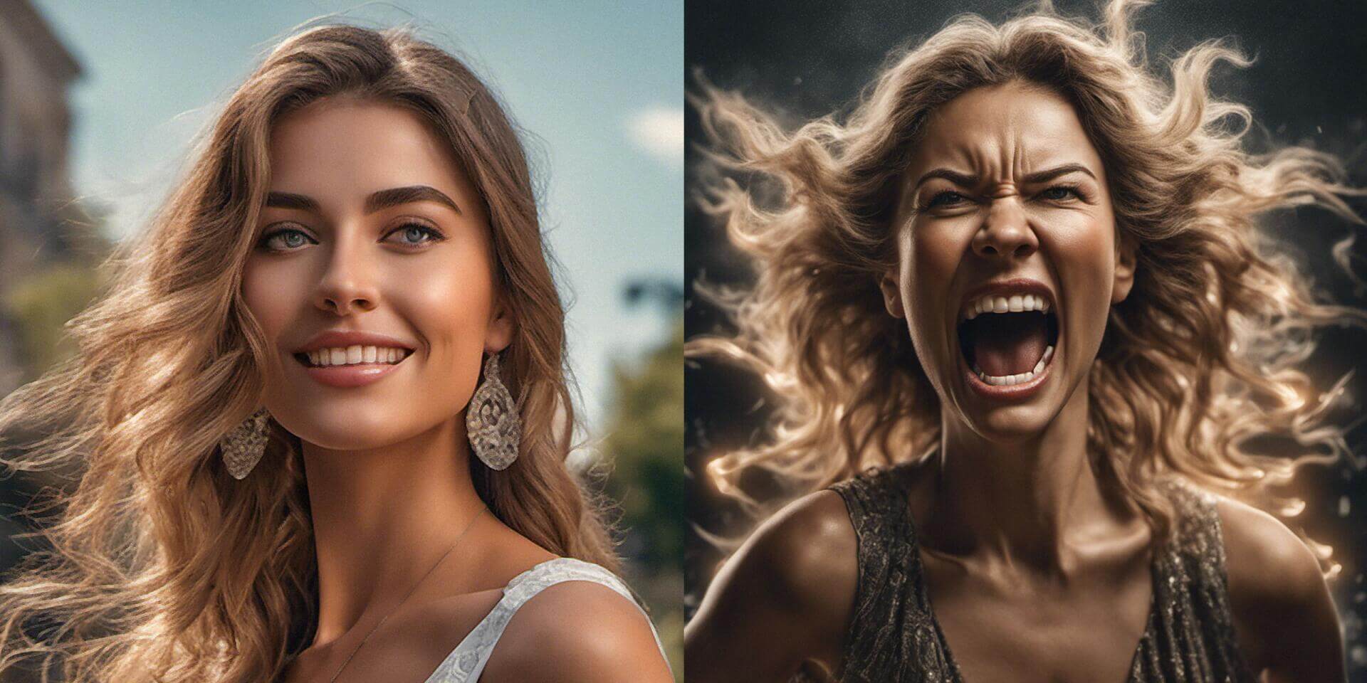 aging angry woman screaming vs aging gracefully female