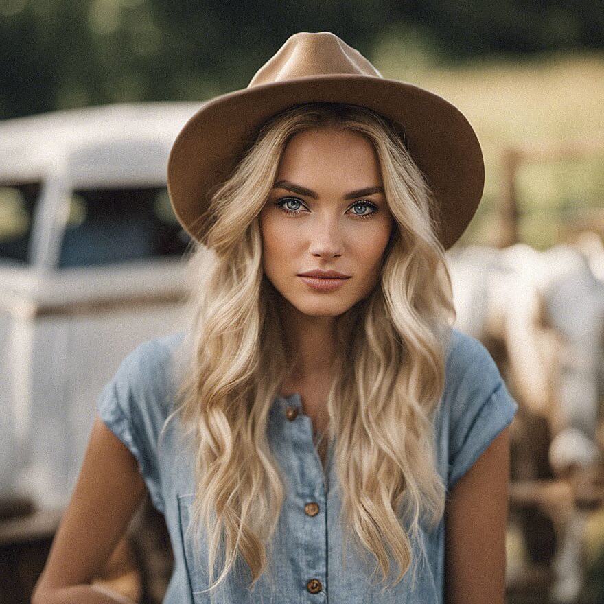 beautiful blonde girl wearing hat on a farm