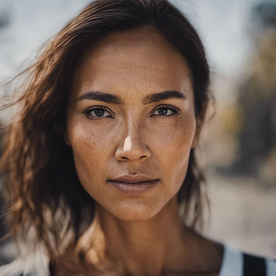 beautiful euro asian female staring intensely at camera