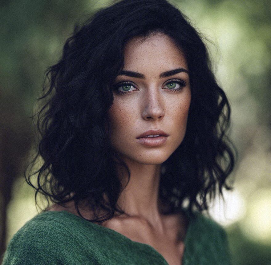 beautiful female with dark hair and freckles