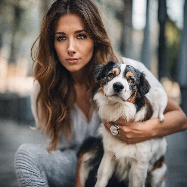 brunette woman hugging her dog