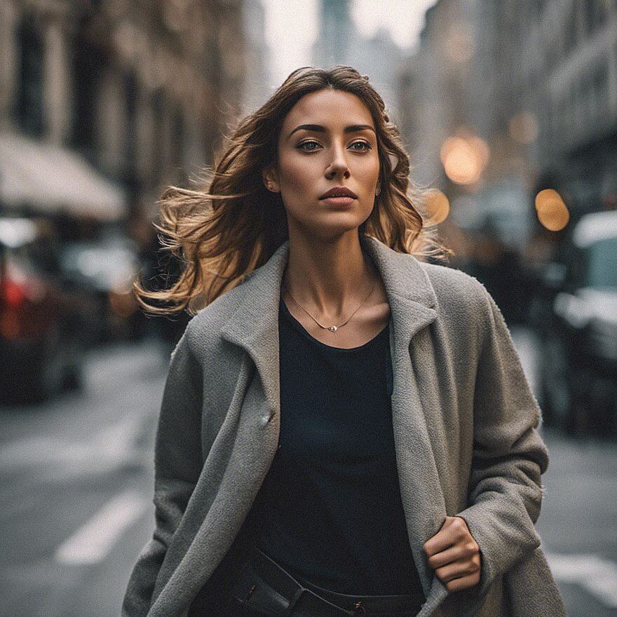 female in city in coat