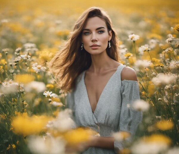 girl in a field of yellow flowers