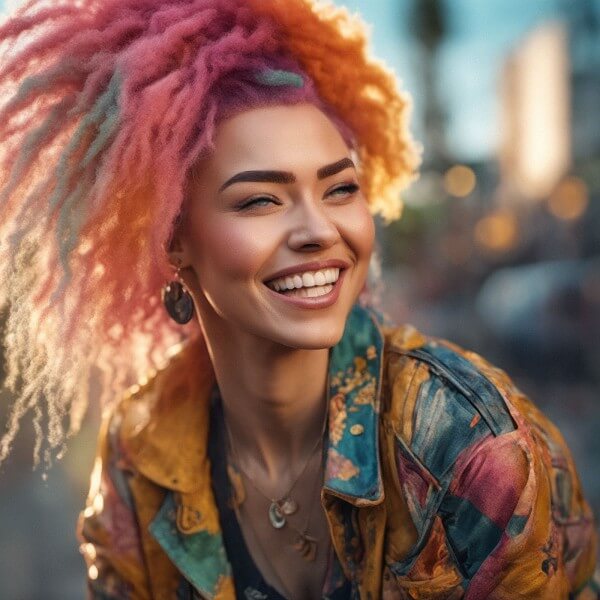 girl with colorful hair in bright colored coat smiling