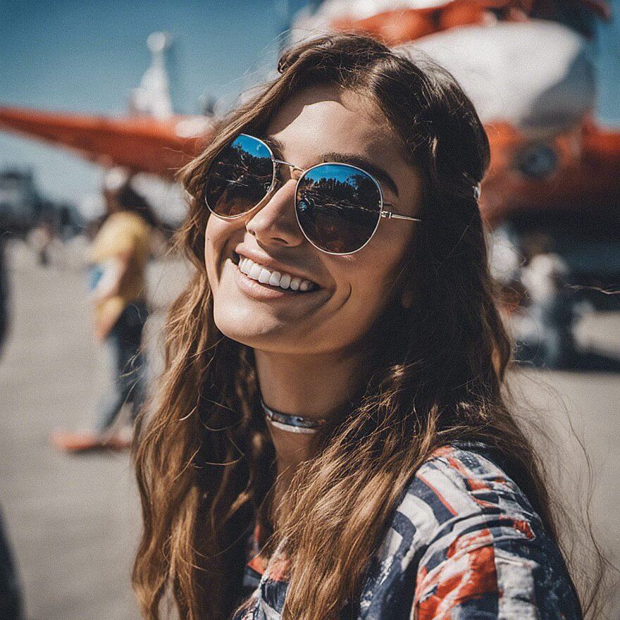 hippie chick in front of airplane