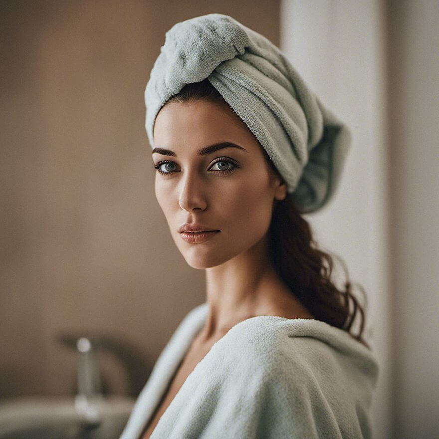 intense stare of woman with towel on head