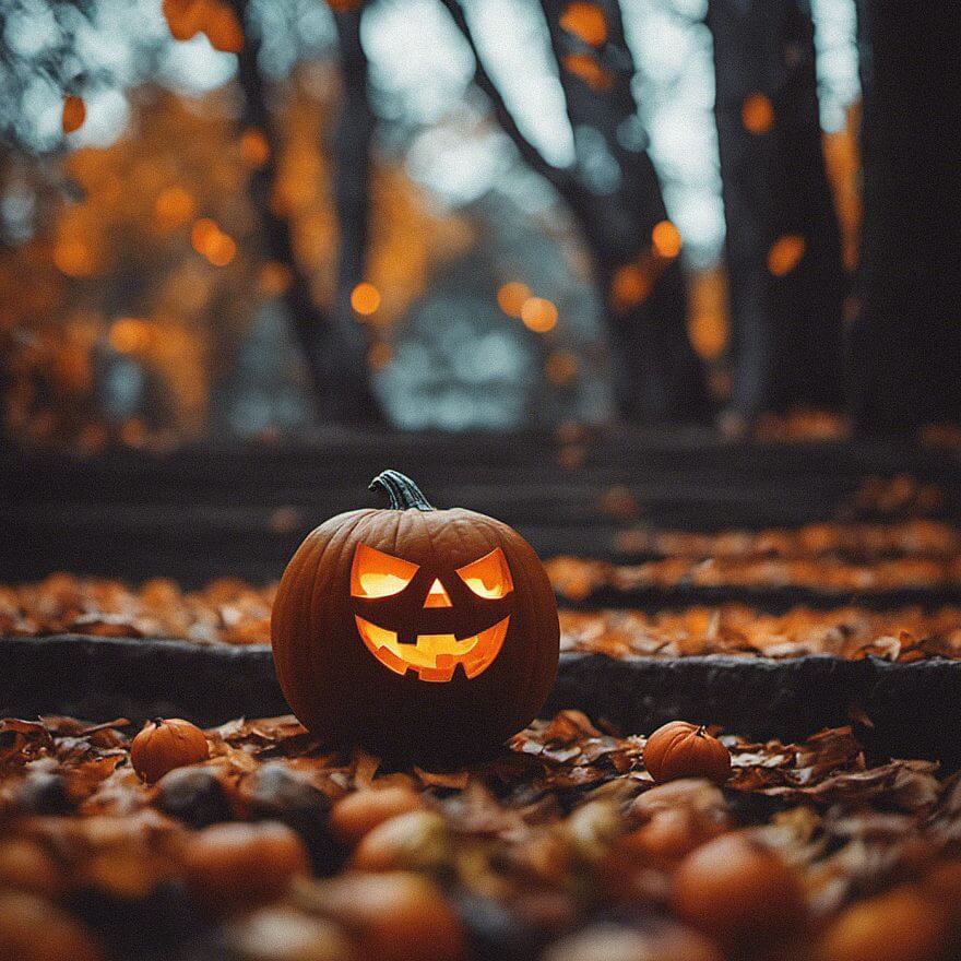 jack o latern sitting at dusk in leaves