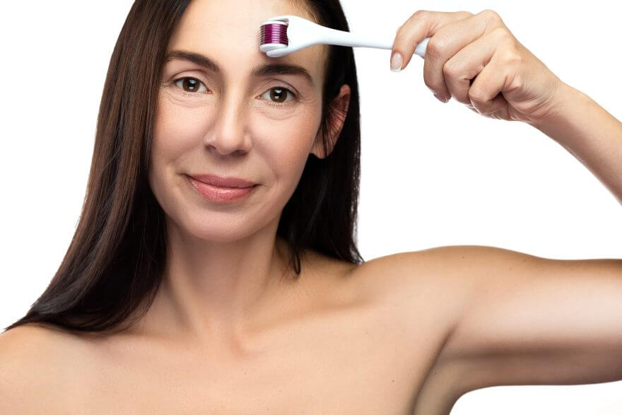 middle aged woman using mesoroller for her facial skin.