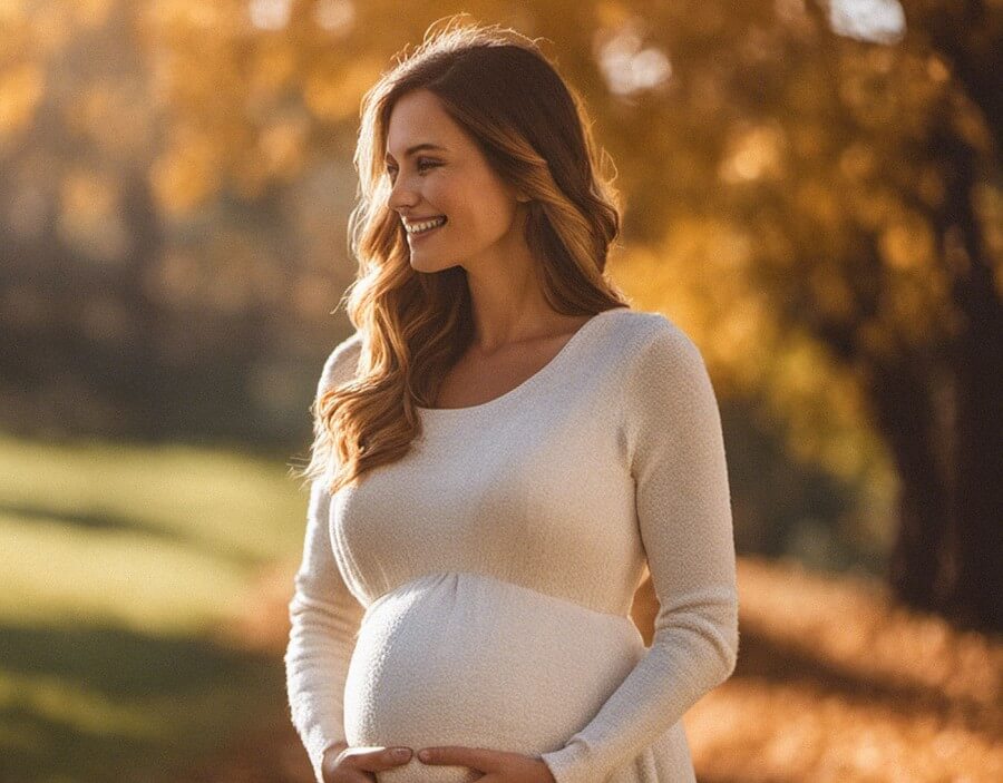 pregnant woman outside in fall