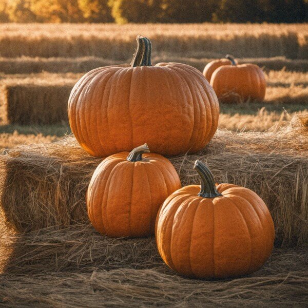 pumpkins in field on hay in late fall sun