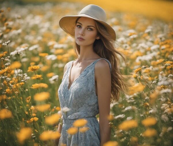 woman in hat in field of yellow flowers