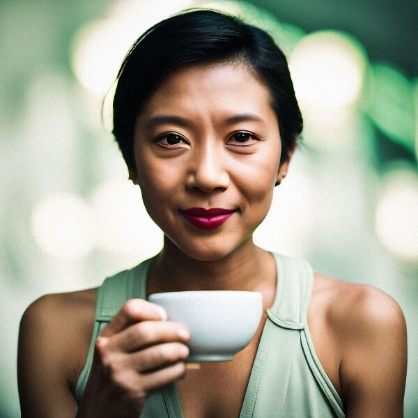 asian american female drinking tea on green background