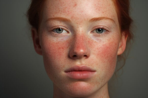 a close up of a woman with freckles,rosacea couperose redness skin.generative ai