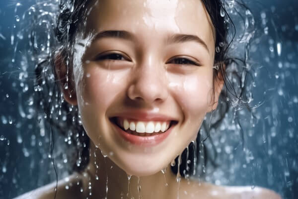 vitality of this stunning close up shot, where a captivating asian girl's radiant smile is accentuated by playful water droplets and splashes, evoking a sense of pure delight. generative ai.