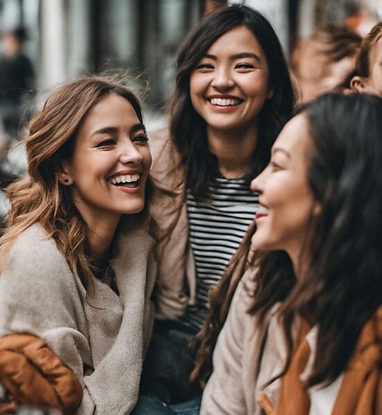 three female friends laughing outdoors