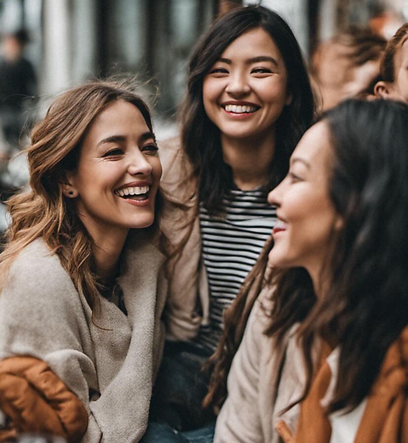 three female friends laughing outdoors