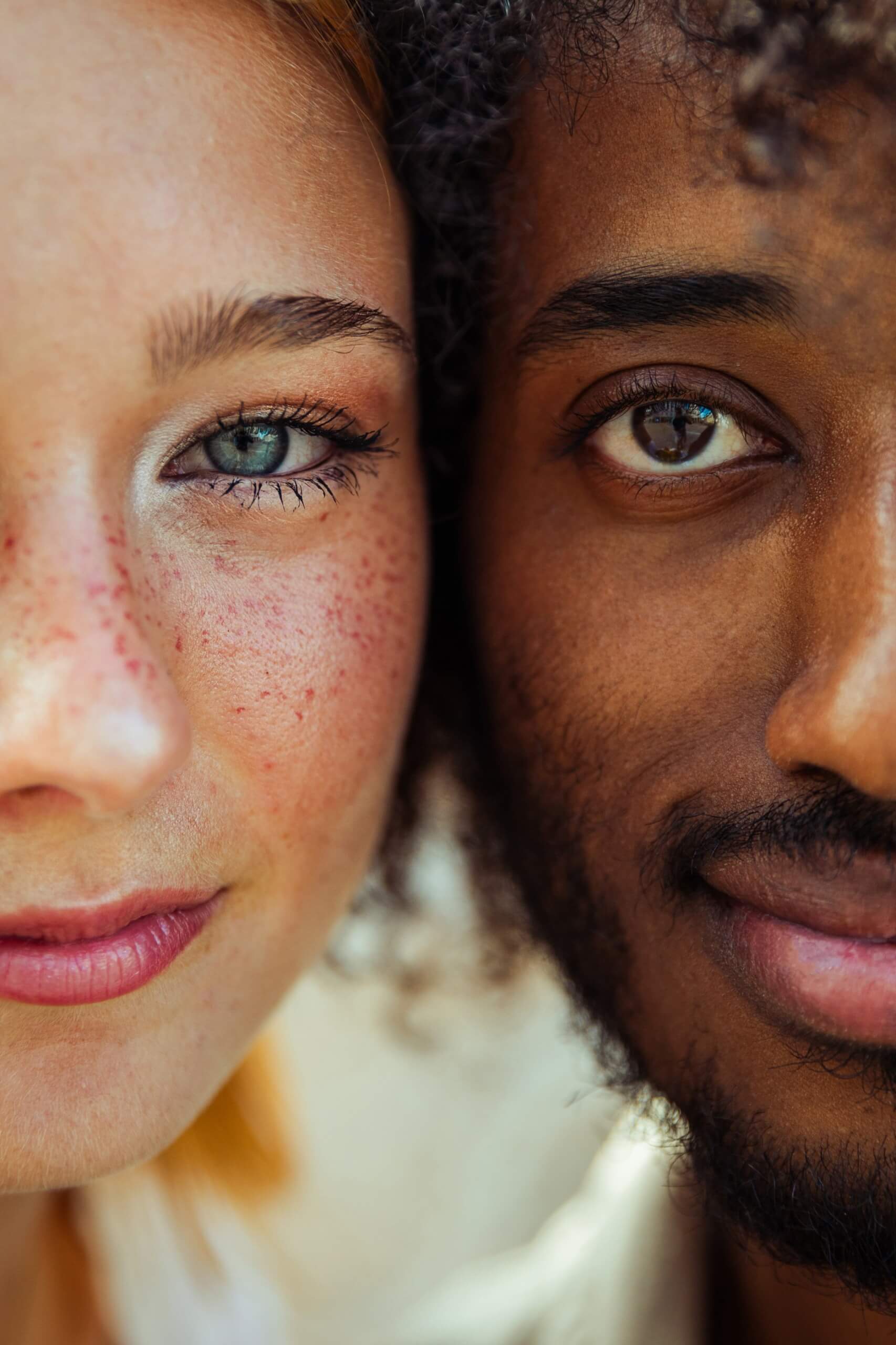 portrait of two people, one white and one black together, concept of ethnic inclusion and respect