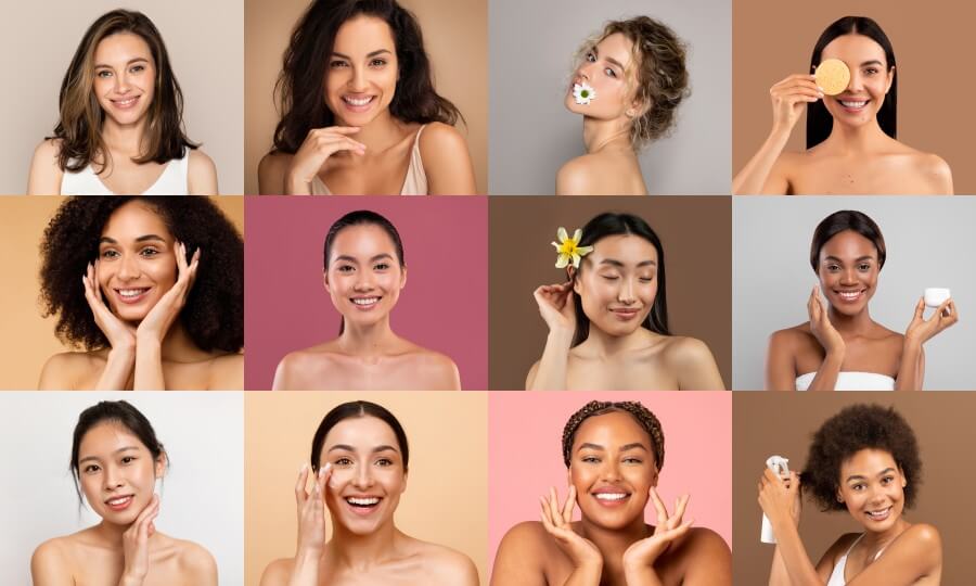 diverse women showcasing skincare routines in studio