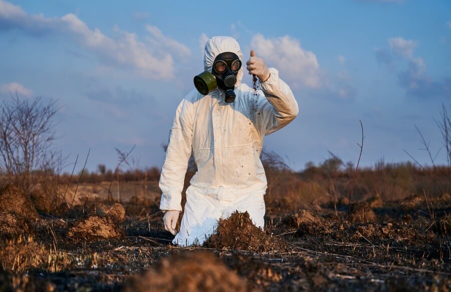 ecologist examining soil in field after fire.