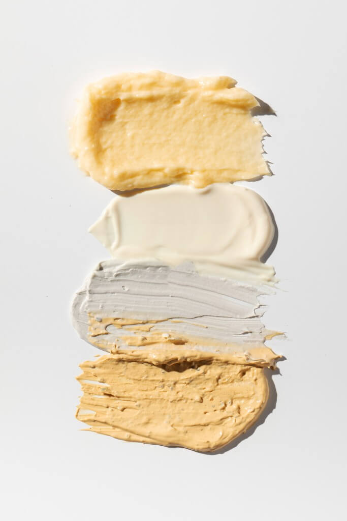 samples and textures of various cosmetics for skin and hair care. swatches. skin care.