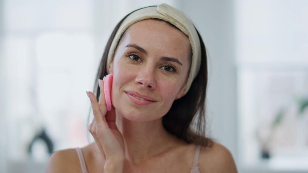 smiling woman cleaning face looking camera pov vie 2023 11 27 04 54 23 utc