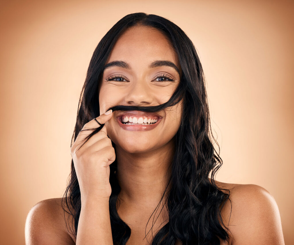 hair mustache and portrait of woman in studio for 2023 11 27 05 20 05 utc