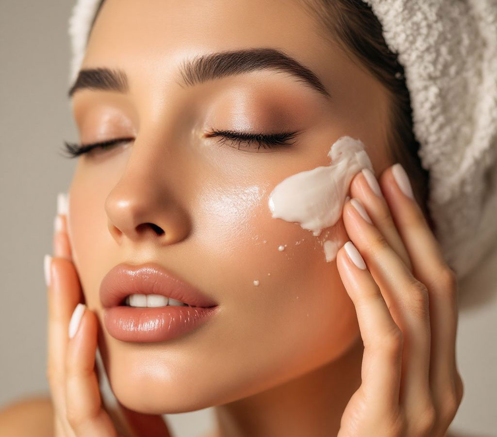 female applying cream to face