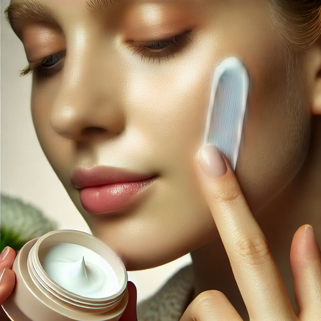 a close up of a person gently applying a barely visible, ultra thin layer of natural skincare cream to their face. the cream is fully blending into th